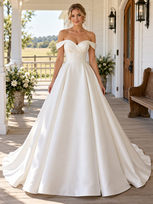 Robe de mariée longue plissée en satin, style occidental, simple, à épaules dénudées et encolure cœur