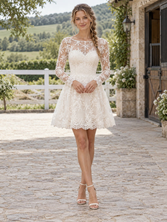 Short Long Sleeve Country Illusion Floral Lace Flared Wedding Dress — image 1, style 748764