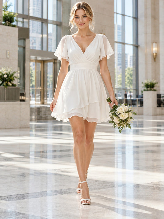 Short Simple V-neck Flutter Sleeve Chiffon Layered Civil Wedding Dress — image 1, style 748768