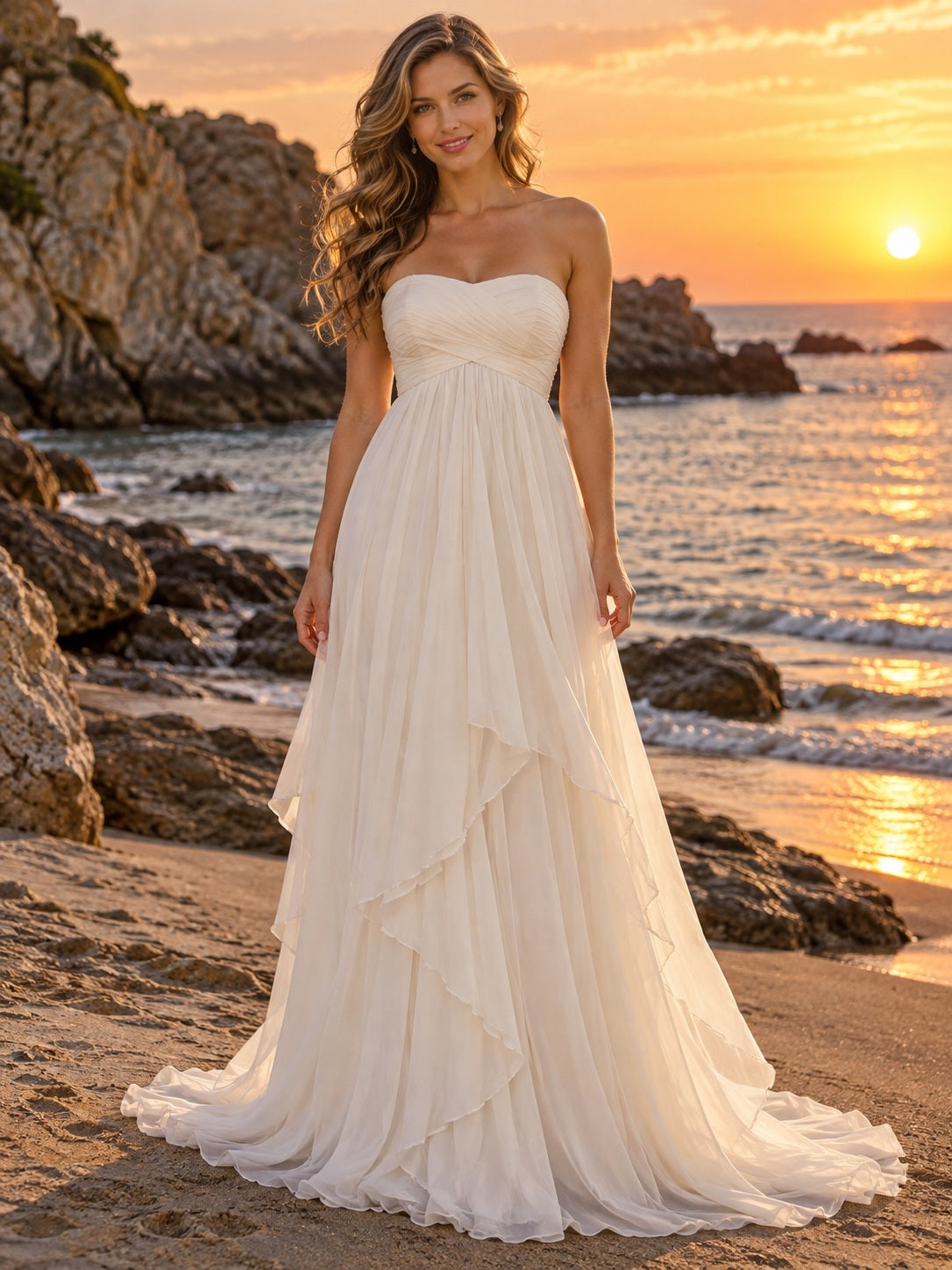 Robe de mariée de plage bustier cœur en mousseline fluide à volants en cascade à étages
