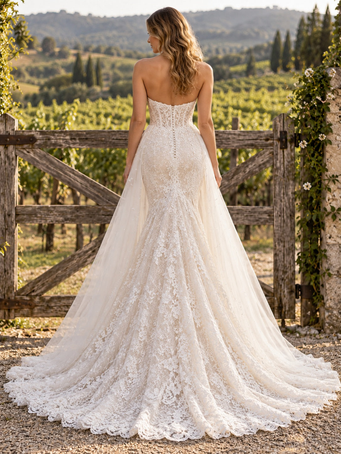Vestido de novia de encaje en marfil, corte sirena, sin tirantes y escote corazón y cola corta
