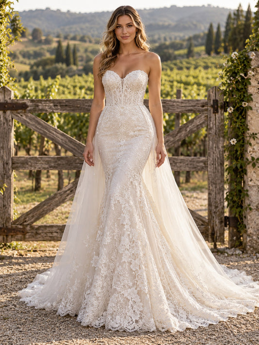 Trägerloses, figurbetontes Meerjungfrau-Brautkleid mit herzförmigem Ausschnitt und floraler Spitze im Landhausstil