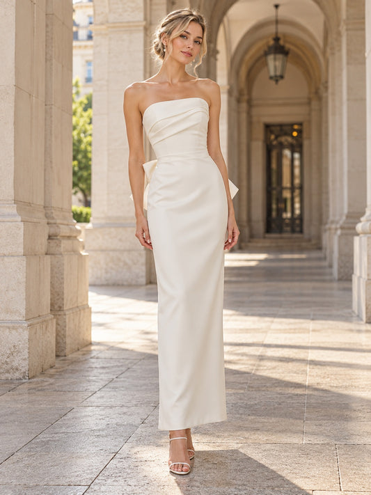 Robe de mariée civile ajustée en satin drapé, bustier, longueur cheville, avec nœud