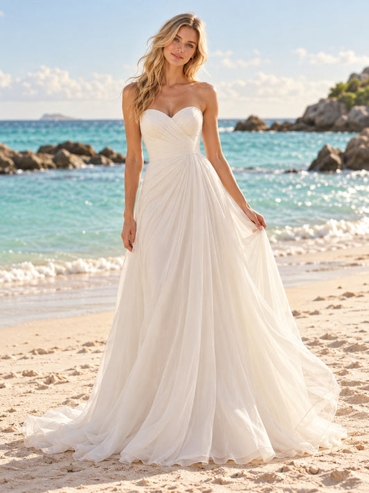 Robe de Mariage à Destination Simple Bustier Cœur en Mousseline Froncée Fluide