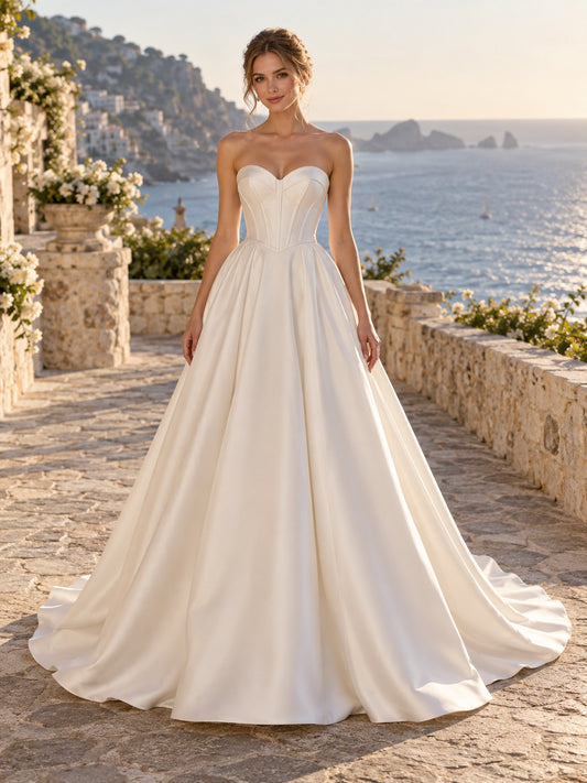 Robe de Mariage à Destination Longue, Simple, Bustier, Cœur, Satin Plissée