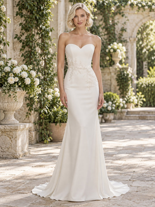 Simple Strapless Sweetheart Smooth Fitted Mermaid Garden Wedding Dress — image 1, style 748823