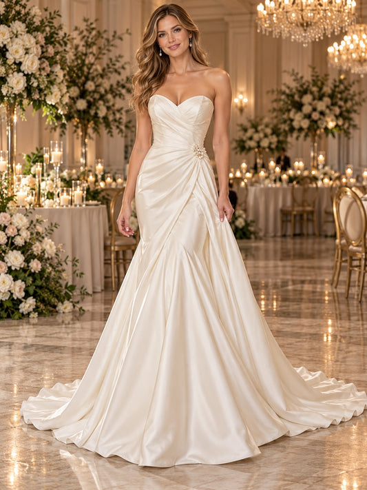 Strapless Sweetheart Satin Ruched Fitted Mermaid Reception Wedding Dress — image 1, style 748825