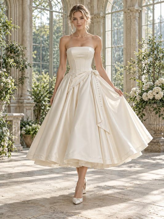 Tea-length Vintage Strapless Satin Draped Bow Full Wedding Dress — image 1, style 748831