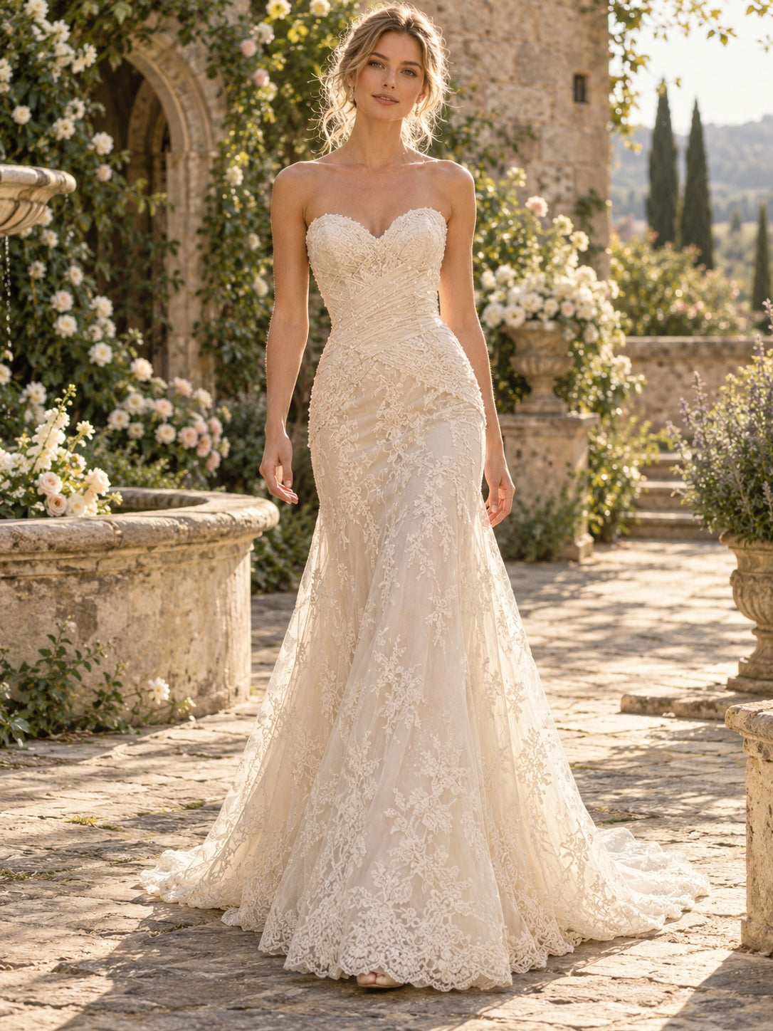Vestido de novia de encaje en marfil, de inspiración vintage, corte sirena, sin tirantes y escote corazón y cola corta
