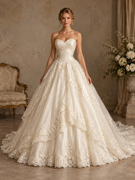 Vintage trägerloses herzförmiges Hochzeitskleid aus Satin und Spitze mit mehreren Lagen