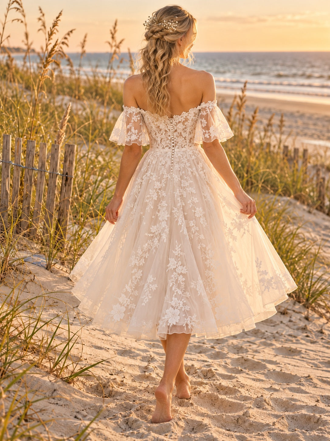 Tea-length Off Shoulder Sweetheart Floral Lace Beach Wedding Dress — image 2, style 748841