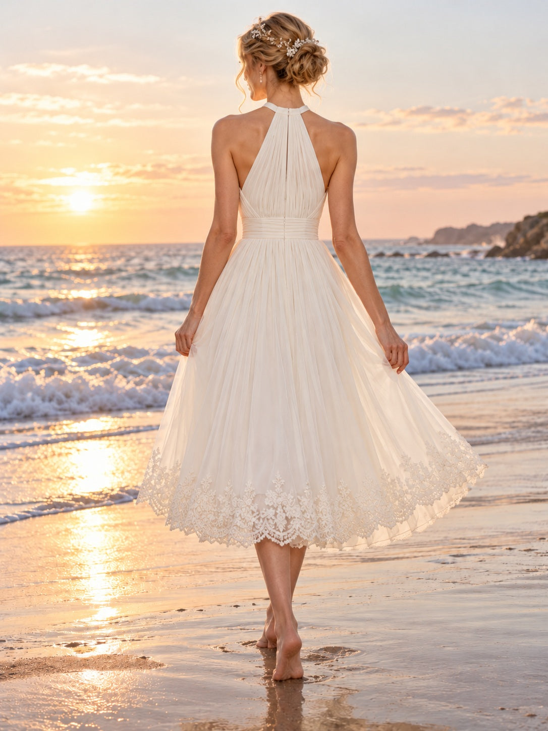 Tea-length Halter Chiffon Lace Gathered Flowing Beach Wedding Dress — image 2, style 748844