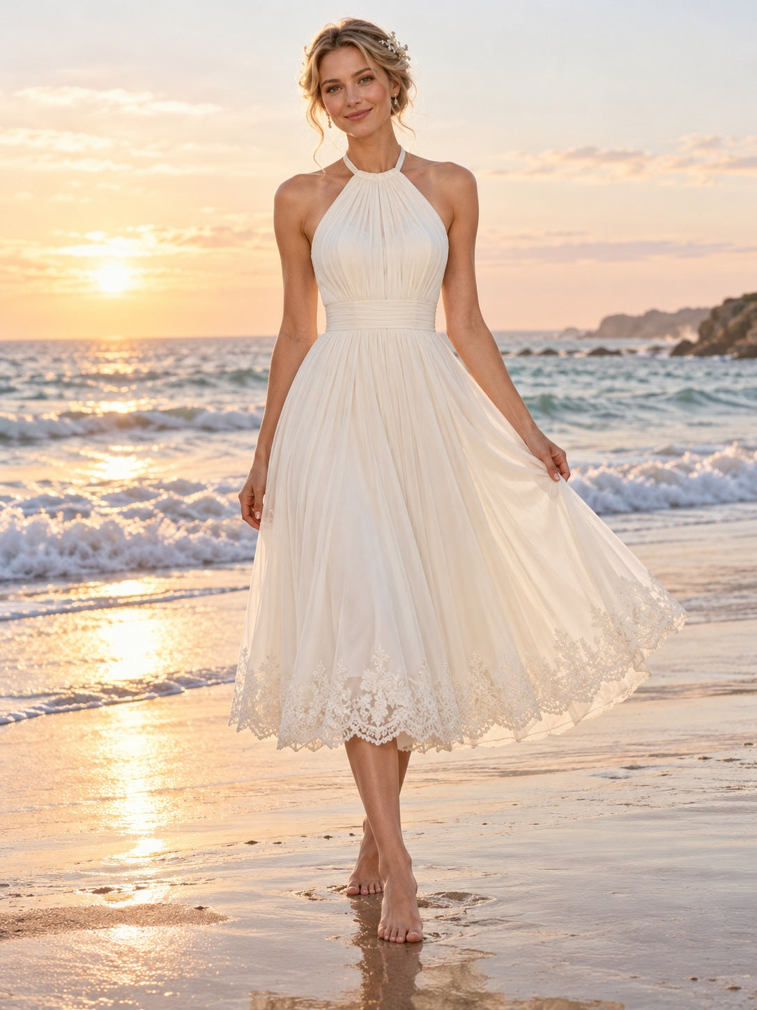 Tea-length Halter Chiffon Lace Gathered Flowing Beach Wedding Dress — image 1, style 748844