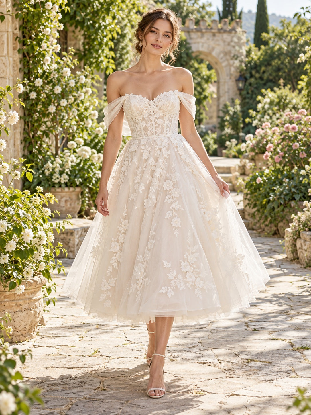 Tea-length Boho Off Shoulder Sweetheart Floral Lace Wedding Dress — image 1, style 748846