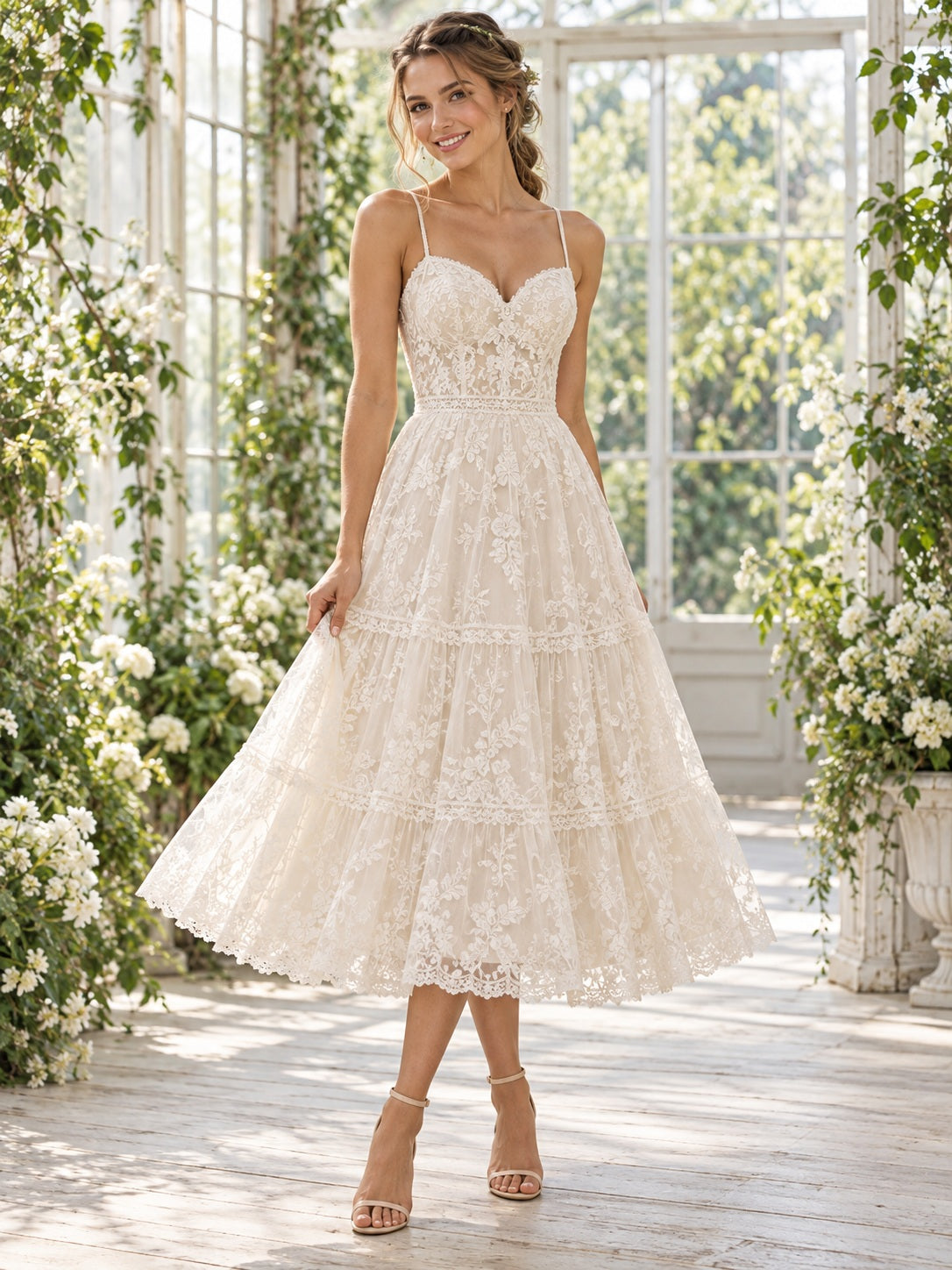 Tea-length Boho Spaghetti Sweetheart Lace Tiered Wedding Dress — image 1, style 748848