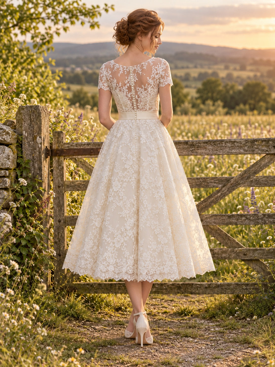 Teelanges, ländliches Brautkleid mit Bateau-Ausschnitt, Illusions-Kurzarm und Spitze