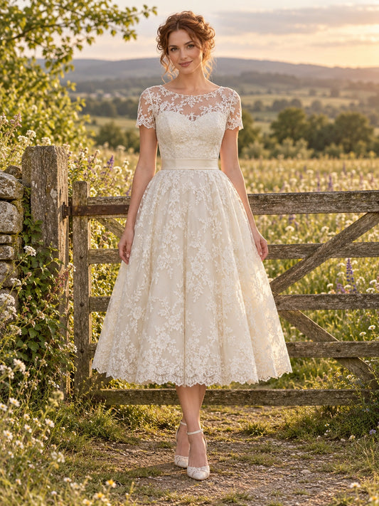 Teelanges, ländliches Brautkleid mit Bateau-Ausschnitt, Illusions-Kurzarm und Spitze