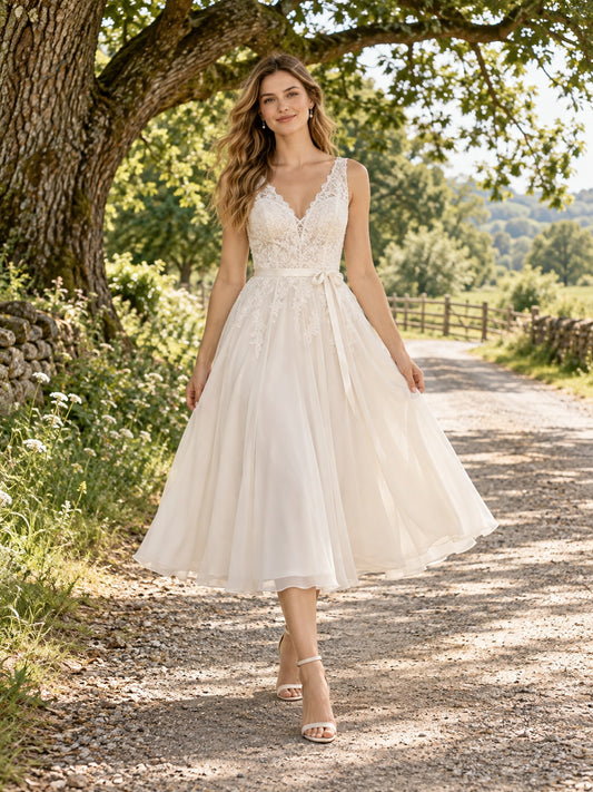 Ärmelloses, knielanges, ärmelloses Brautkleid aus Chiffon mit V-Ausschnitt und Spitze im Landhausstil