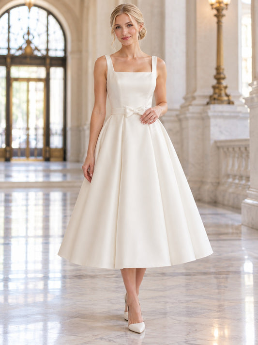 Tea-length Simple Square Neck Satin Straps Bow Civil Wedding Dress — image 1, style 748855