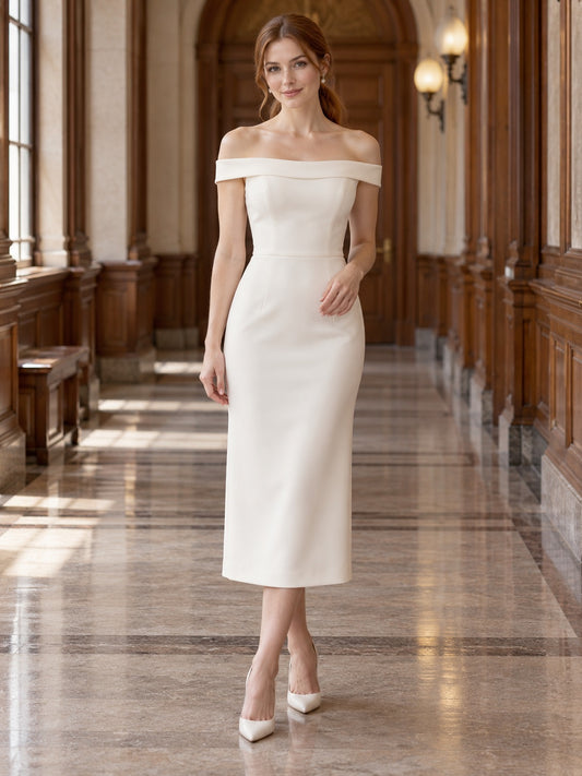 Tea-length Simple Off Shoulder Smooth Fitted Pencil Civil Wedding Dress — image 1, style 748857