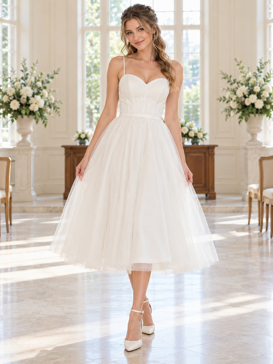 Tea-length Simple Spaghetti Sweetheart Tulle Full Civil Wedding Dress — image 1, style 748858