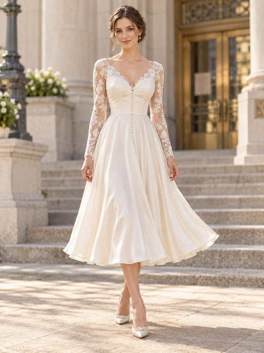 Teelanges, langärmeliges, herzförmig ausgeschnittenes Brautkleid aus Satin mit Spitze für eine standesamtliche Trauung