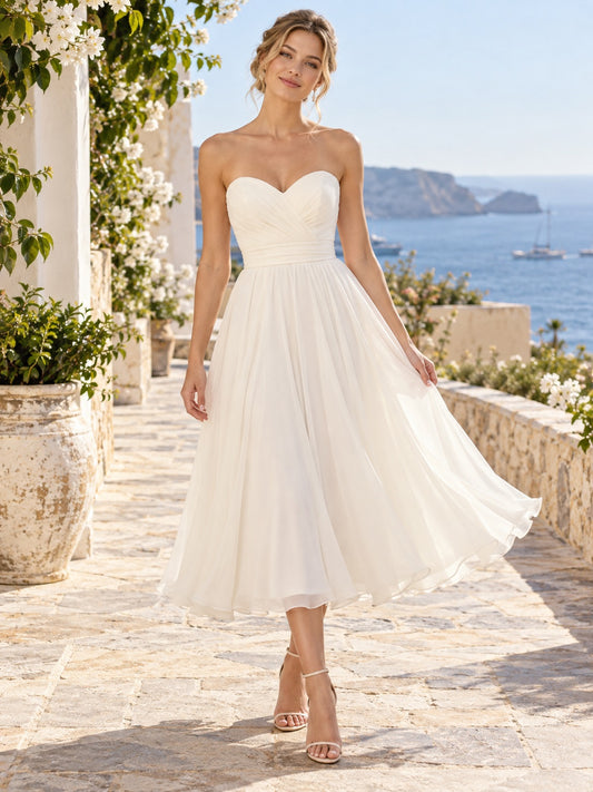 Tea-length Simple Strapless Sweetheart Chiffon Full Destination Wedding Dress — image 1, style 748860