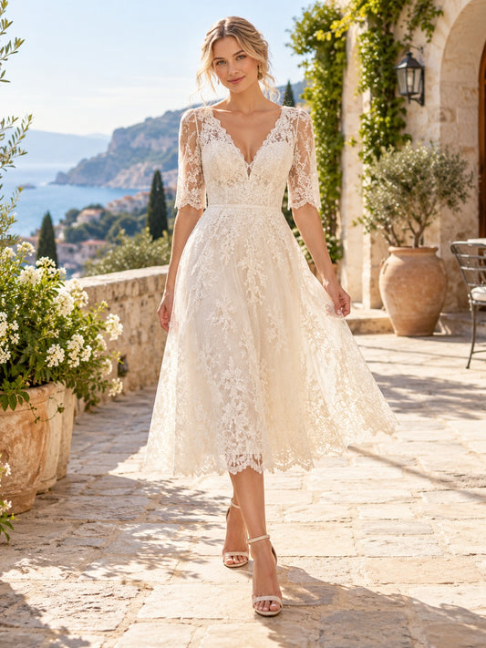Teelanges Hochzeitskleid für eine Destination-Hochzeit mit V-Ausschnitt, halblangen Ärmeln und floraler Spitze