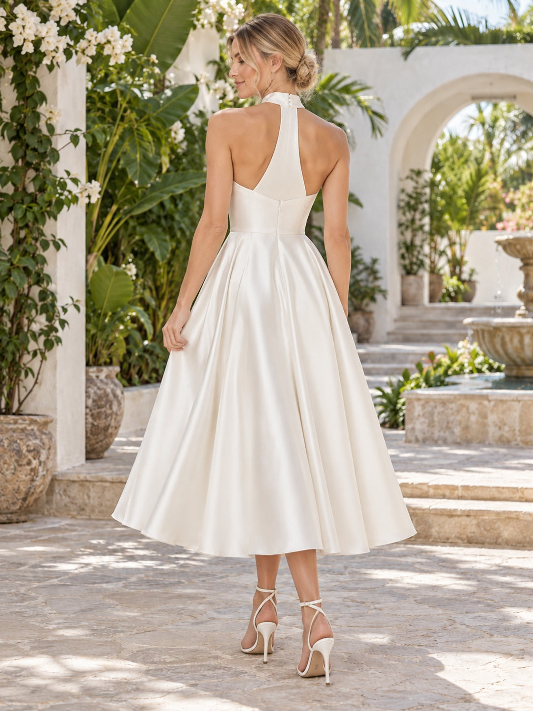 Robe de Mariage à Destination Simple en Satin Plissé Dos Nu Longueur Thé Volante