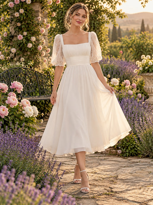 Tea-length Simple Square Neck Puff Sleeve Chiffon Garden Wedding Dress — image 1, style 748865