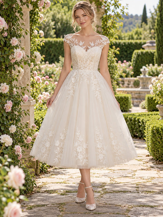 Teelanges, florales Spitzen-Brautkleid mit U-Boot-Ausschnitt und Flügelärmeln für eine Gartenhochzeit