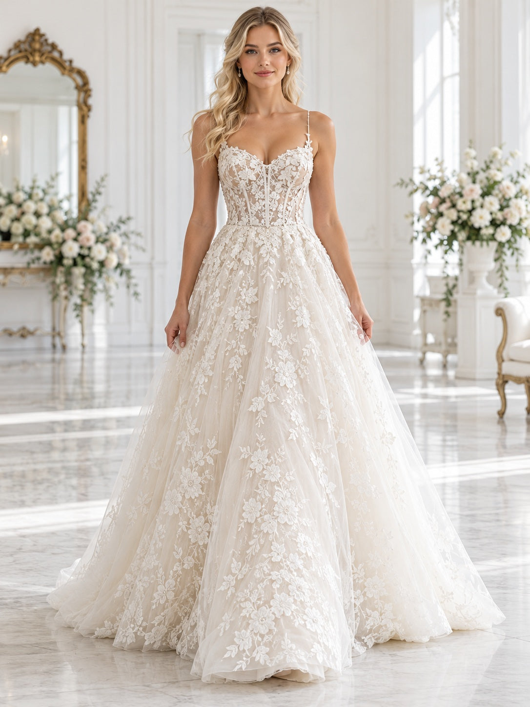 Romantisches Brautkleid mit floralem Spitzenkorsett, Trägern und Tüllschleppe