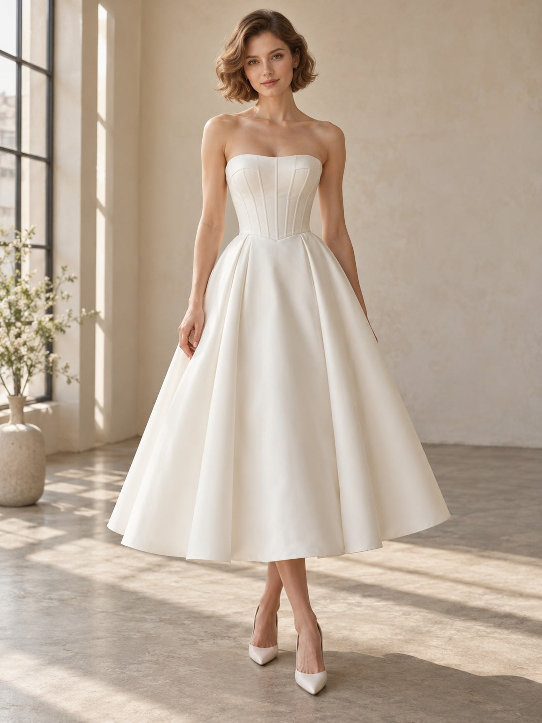 Simple Tea-length Strapless Satin Corset Pleated A-line Wedding Dress, front view