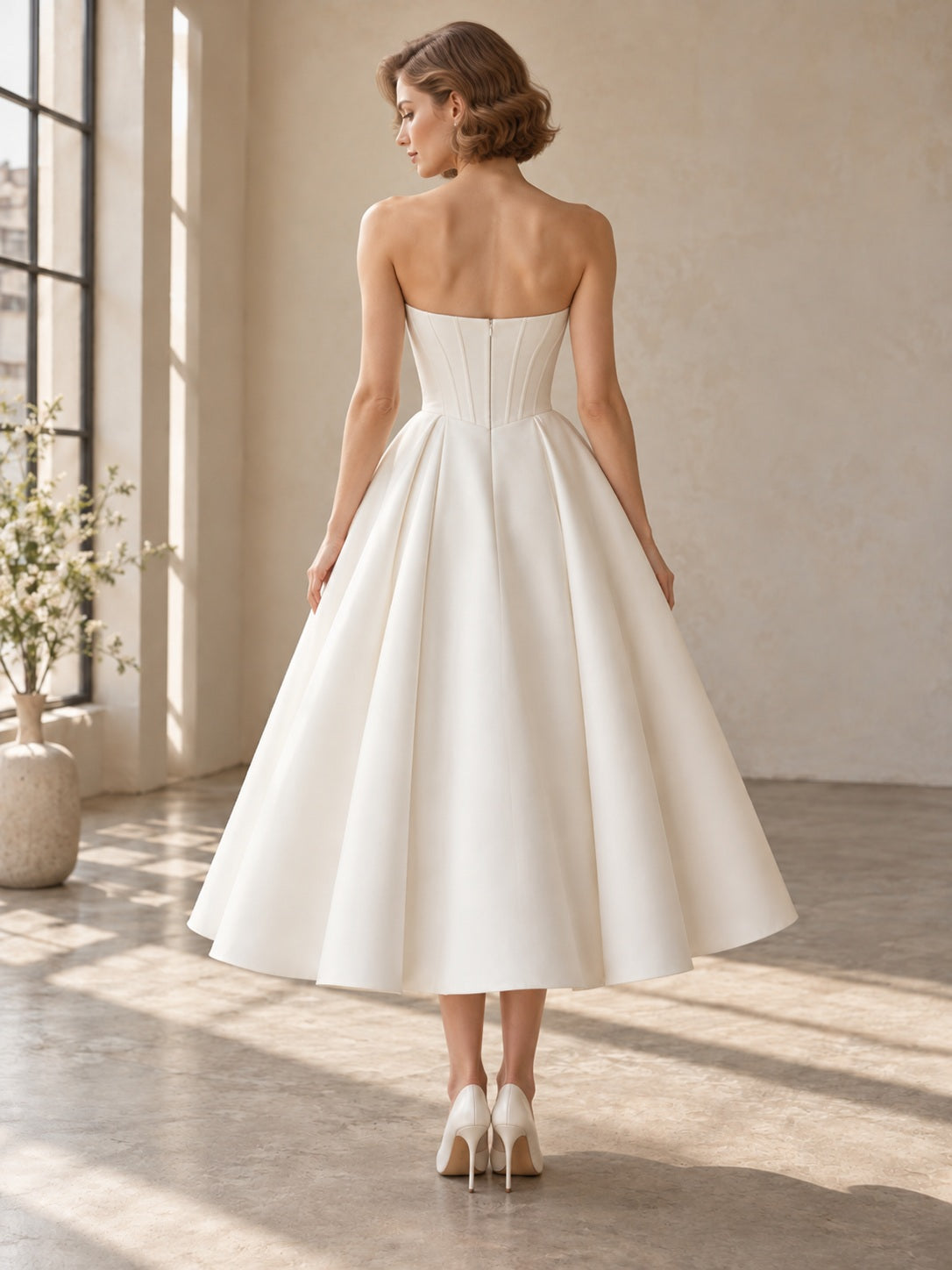Simple Tea-length Strapless Satin Corset Pleated A-line Wedding Dress, back view