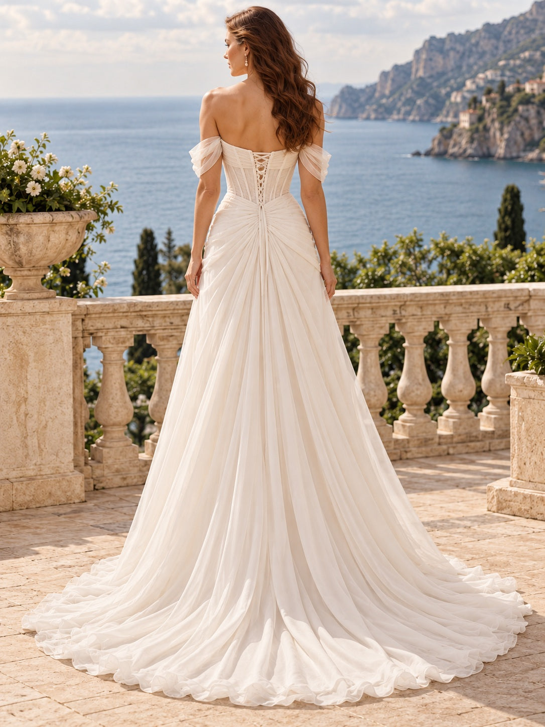 Schulterfreies Chiffon-Korsett-Brautkleid mit herzförmigem Ausschnitt, Schlitz und Schleppe