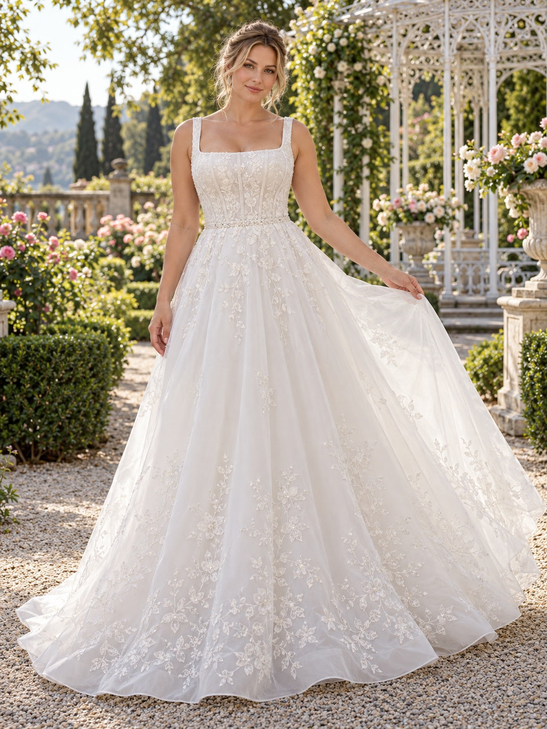 Brautkleid mit eckigem Ausschnitt, Blumenmuster, A-Linie, Tüll, Spitzen-Trägern, perlenbesetzter Taille
