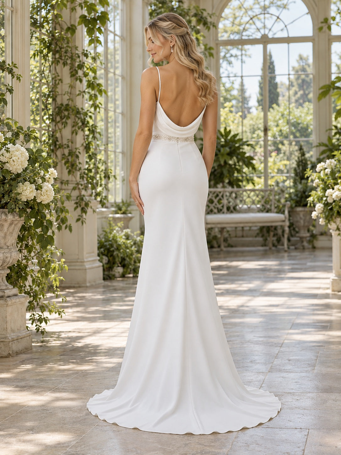 Simple Sheath Spaghetti Strap Cowl Neck Beaded Waist Satin Wedding Dress, back view