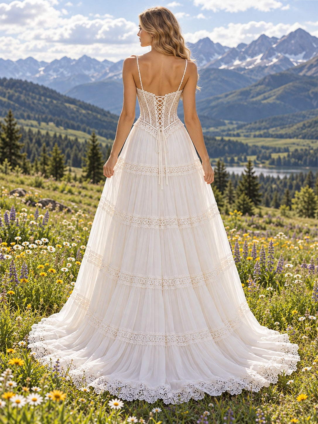 Boho A-Line Spaghetti Strap Lace Sweetheart Corset Tiered Chiffon Wedding Dress, back view