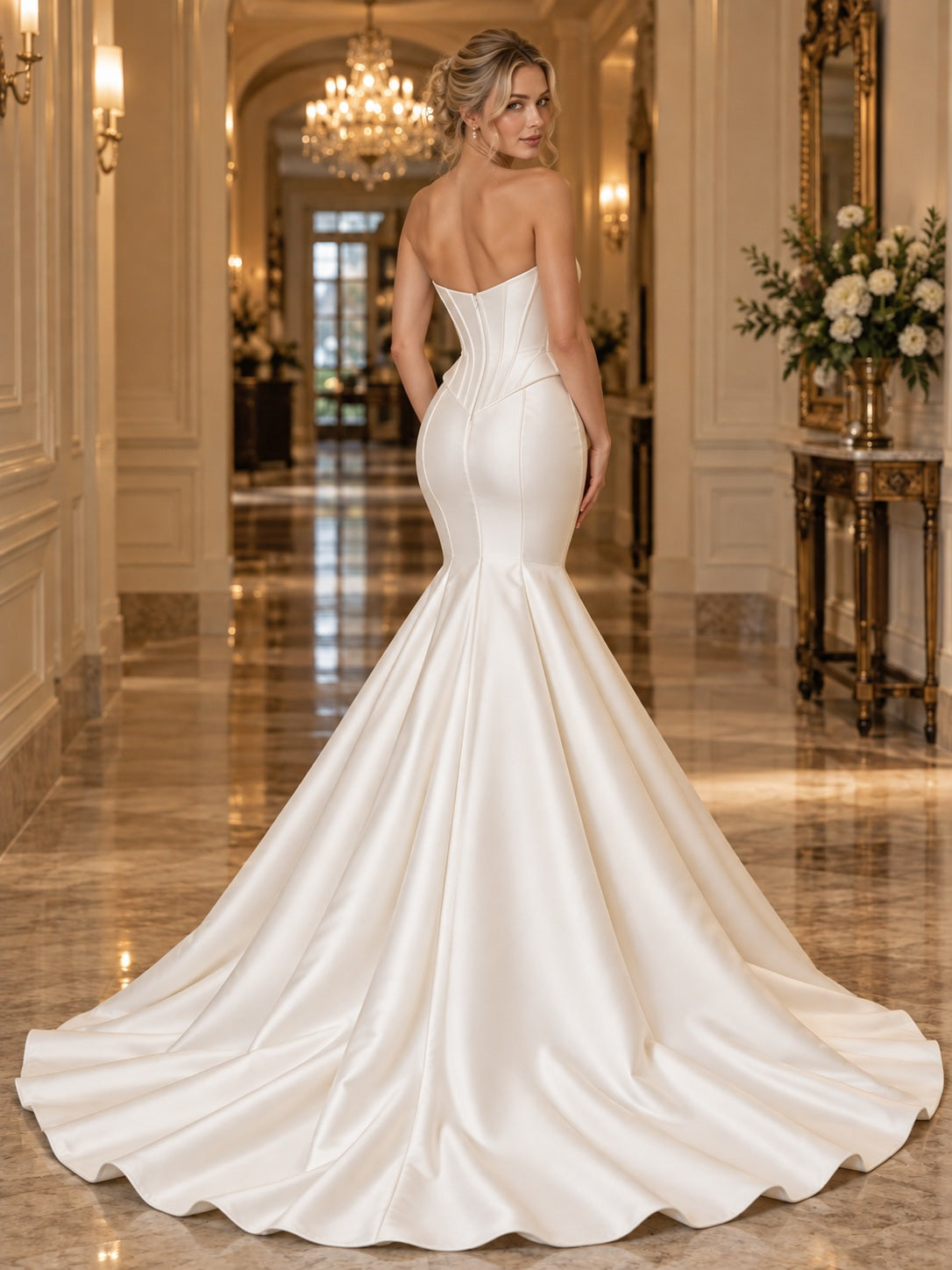 Simple Mermaid Strapless Sweetheart Corset Satin Chapel Train Wedding Dress, back view