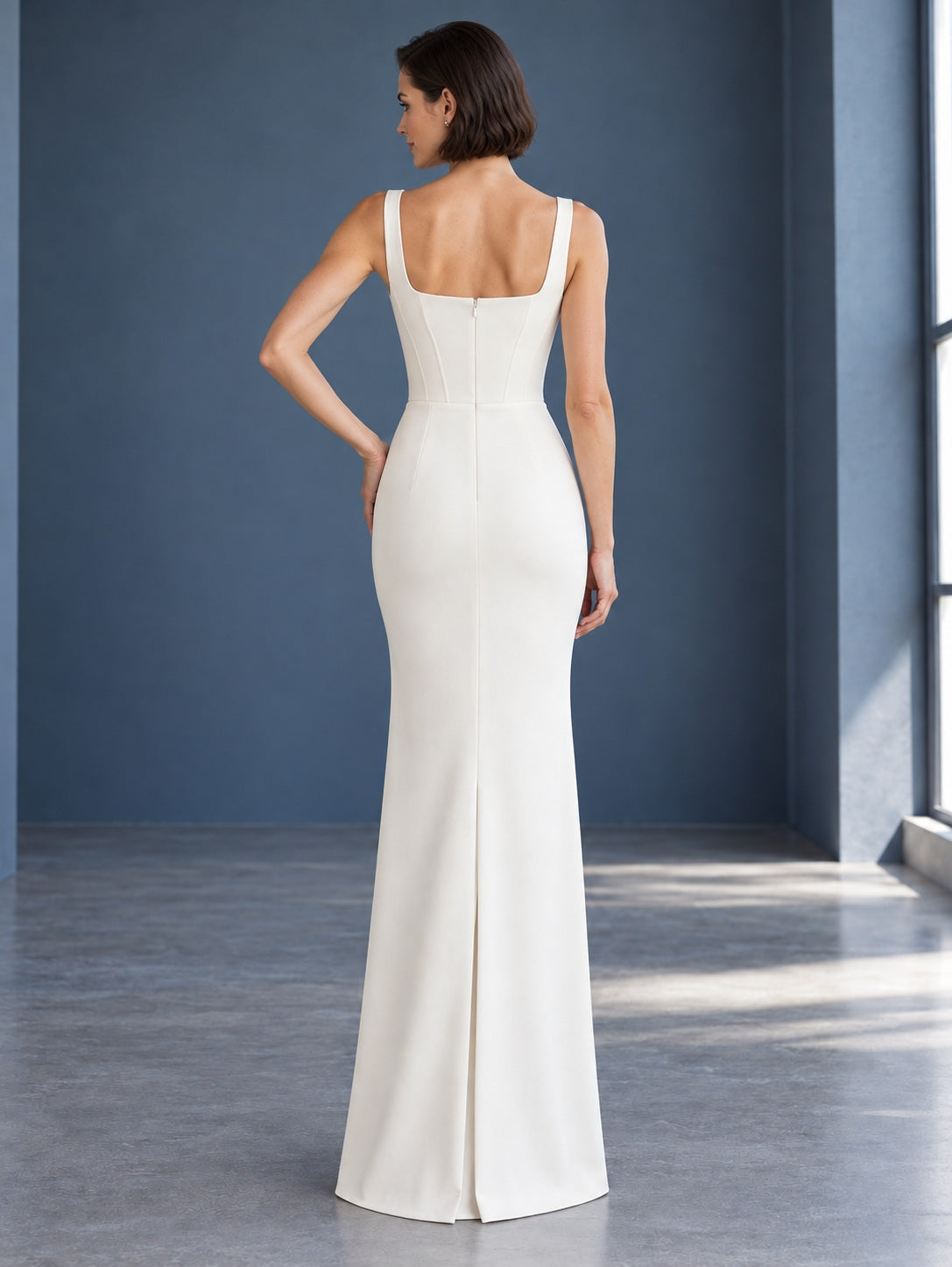 Einfaches modernes Satin-Brautkleid mit eckigem Ausschnitt, Etui-Schnitt, Trägern und Korsett