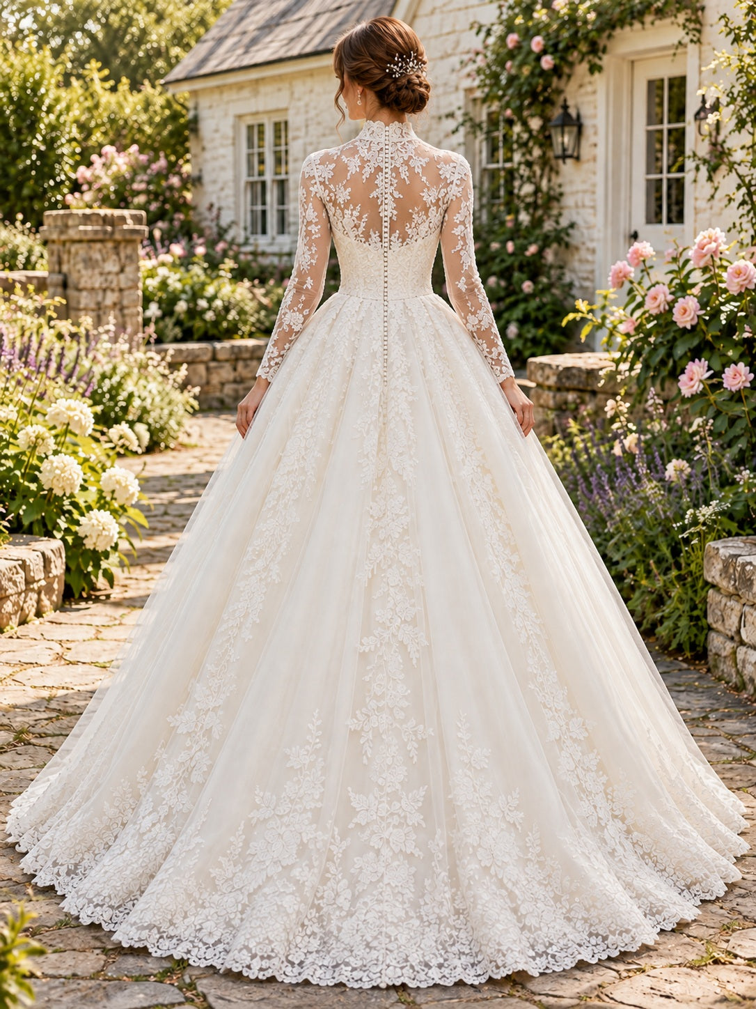Long Sleeve High Neck Modest Country Ball Gown Lace Wedding Dress