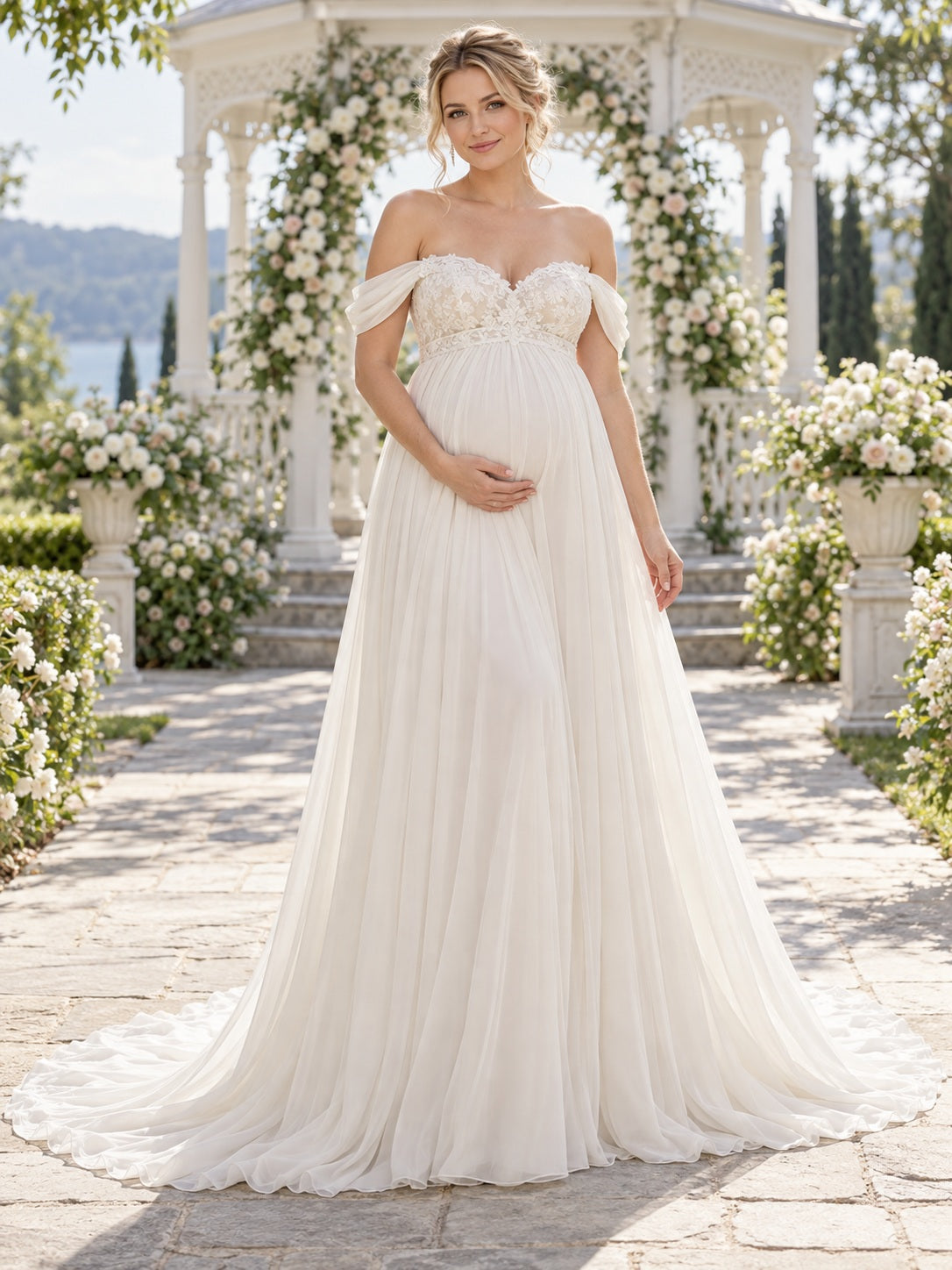 Maternity Off Shoulder Empire Lace Sweetheart Chiffon Flowing Wedding Dress