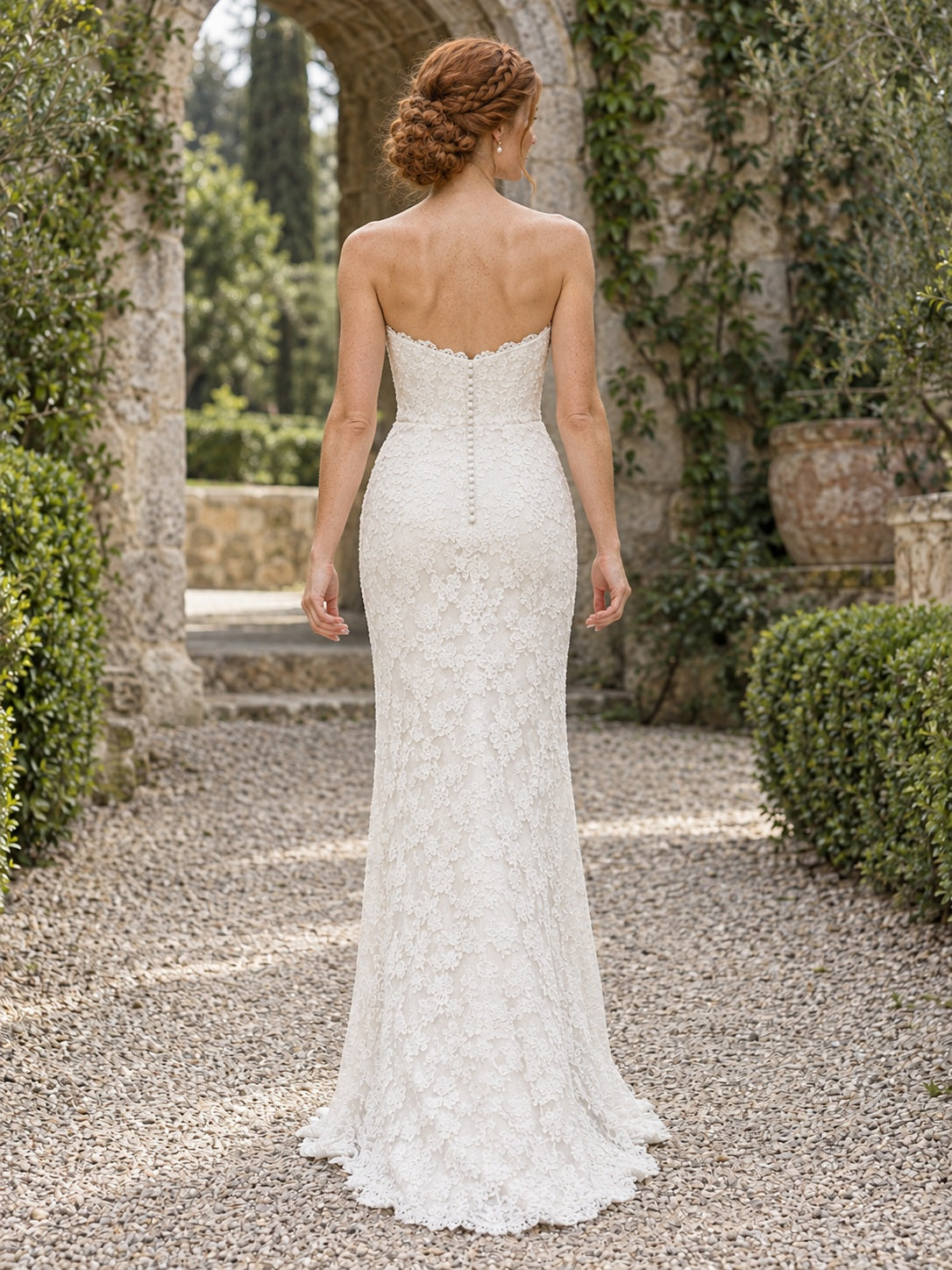 Vintage Sheath Floral Strapless Lace Sweetheart Sweep Natural Waist Wedding Dress