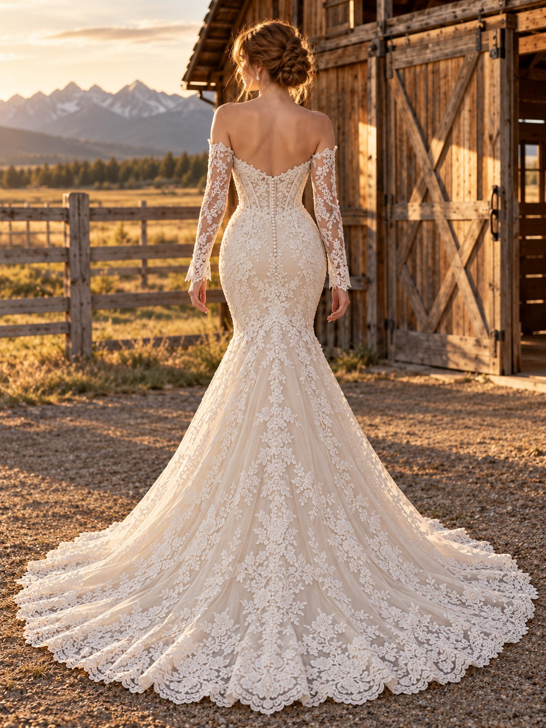 Long Sleeve Country Mermaid Off Shoulder Floral Lace Wedding Dress, back view