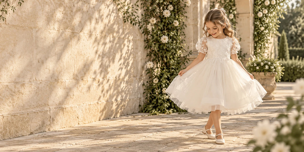 Elfenbeinfarbenes Spitzenkleid für Blumenmädchen mit Puffärmeln und Daisy-Blüten, Stil 410005