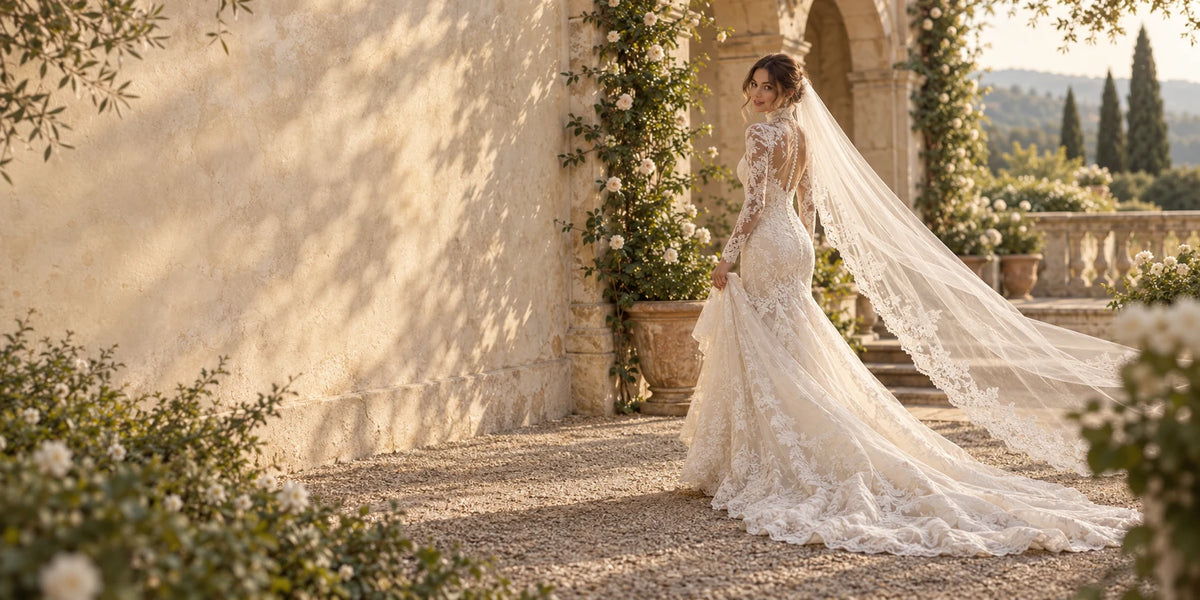 Elfenbeinfarbenes Hochzeitskleid im Meerjungfrauenstil mit hohem Ausschnitt, langen Ärmeln und Spitze, Modell 741193